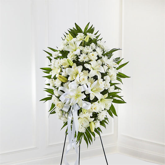Exquisite Tribute Standing Spray-White Ribbon – Gathered Blooms By Emily, Fairburn GA