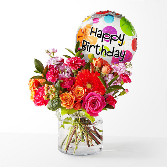 Fiesta Bouquet with Birthday Balloon –  Gathered Blooms By Emily, Fairburn GA