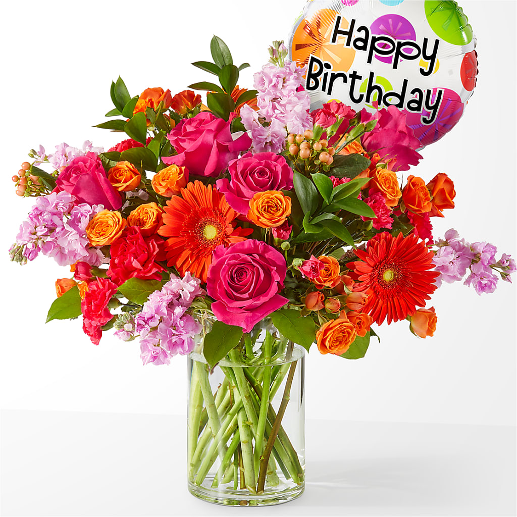 Fiesta Bouquet with Birthday Balloon –  Gathered Blooms By Emily, Fairburn GA