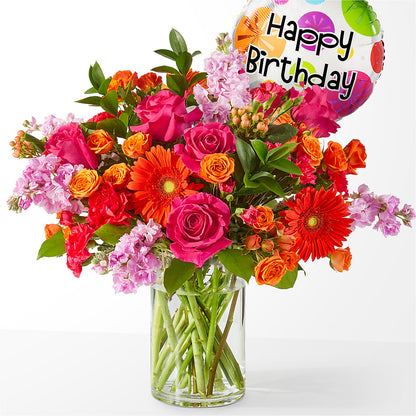 Fiesta Bouquet with Birthday Balloon –  Gathered Blooms By Emily, Fairburn GA