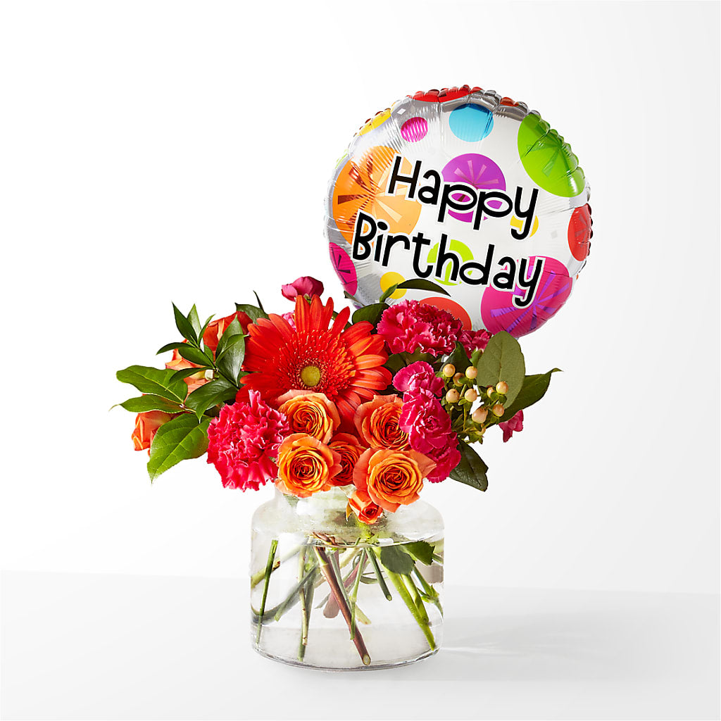 Fiesta Bouquet with Birthday Balloon –  Gathered Blooms By Emily, Fairburn GA