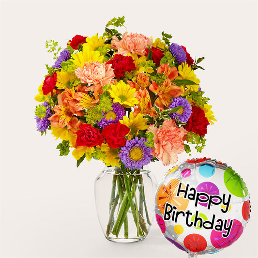 Kaleidoscope Bouquet with Birthday Balloon –  Gathered Blooms By Emily, Fairburn GA