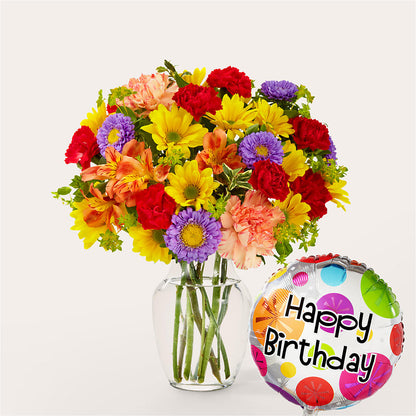 Kaleidoscope Bouquet with Birthday Balloon –  Gathered Blooms By Emily, Fairburn GA