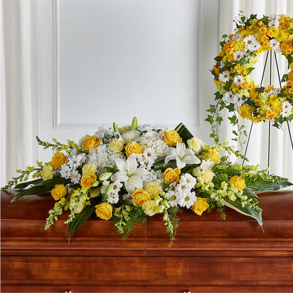 Golden Harmony Casket Spray –  Gathered Blooms By Emily, Fairburn GA