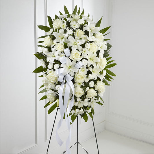 Exquisite Tribute Standing Spray-White Ribbon –  Gathered Blooms By Emily, Fairburn GA