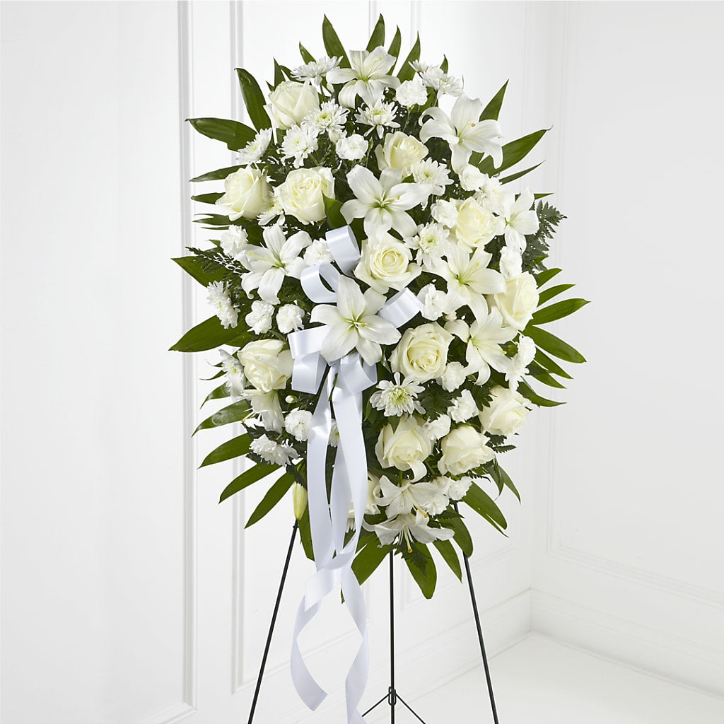 Exquisite Tribute Standing Spray-White Ribbon –  Gathered Blooms By Emily, Fairburn GA