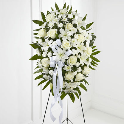 Exquisite Tribute Standing Spray-White Ribbon –  Gathered Blooms By Emily, Fairburn GA