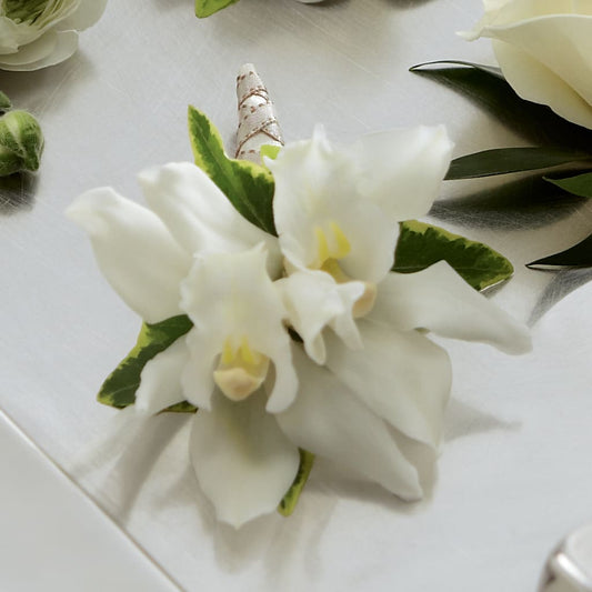 White Mini Cymbidium Boutonniere –  Gathered Blooms By Emily, Fairburn GA