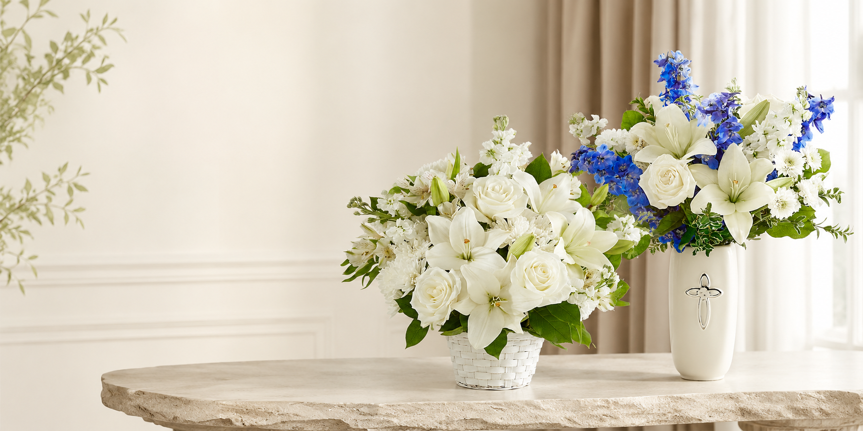 Peaceful white and blue sympathy flower arrangements designed with care